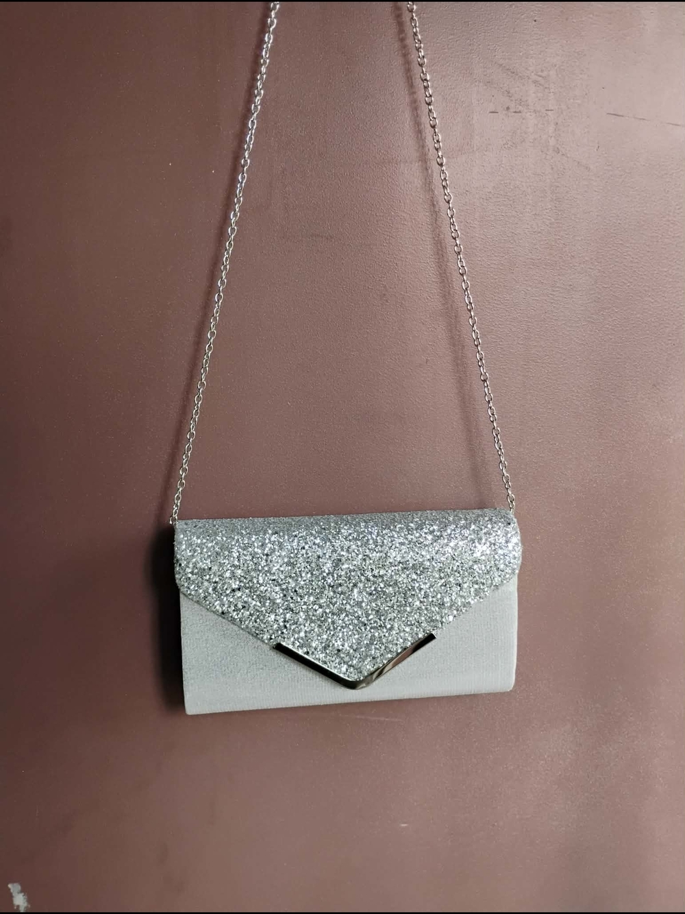 Silver Glitter Flap Crossbody Clutch - Women's Evening Bag